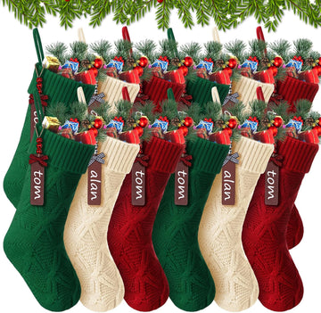 12 Set 18 Inch Large Christmas Stockings with Name Tags Double Sided Cable Knitted Xmas Stockings Personalized