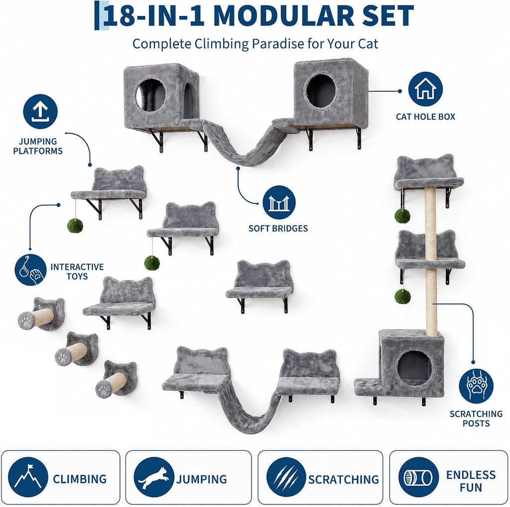 Cat Wall Shelves, 18-in-1 Wall Mounted Cat Furniture Set, Gray