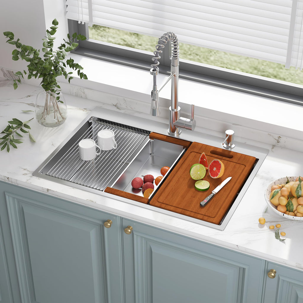33" x 22" Drop Sink, 304T Stainless Steel Topmount Workstation Sink, Single Bowl with Integrated Ledge
