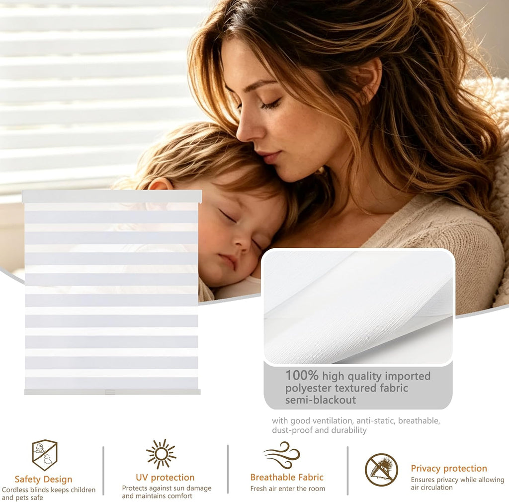 Cordless Zebra Blinds for Windows, 36" W x 72" H, White