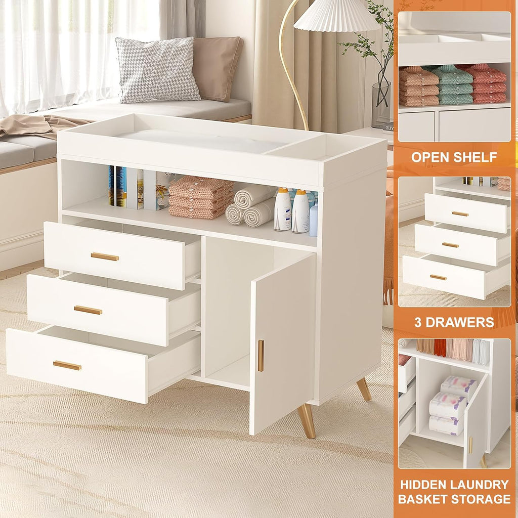 Baby Changing Table Dresser with Table Top, 3 Drawers & Open Shelf | Wooden Diaper Changing Station with Safety Rails