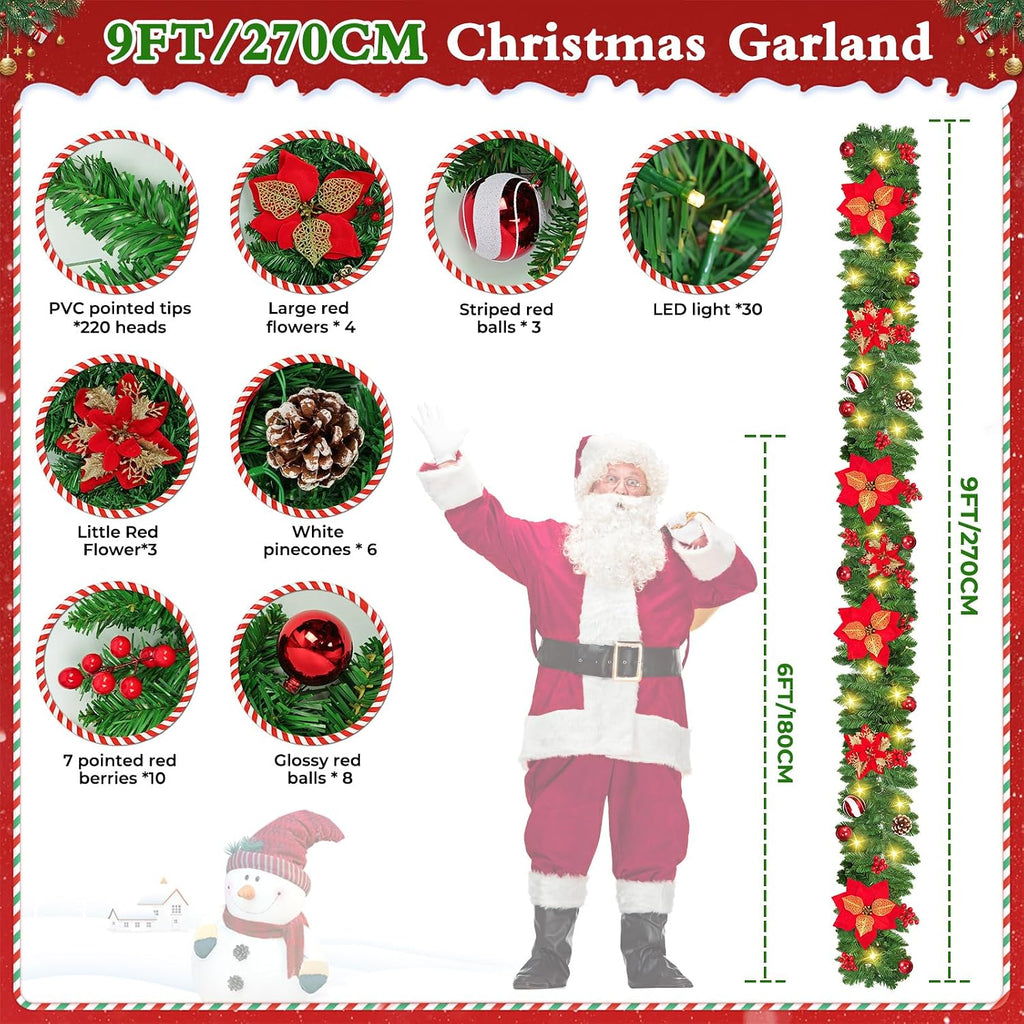 9FT Pre-Lit Christmas Garland with Lights, Battery Operated with Timer