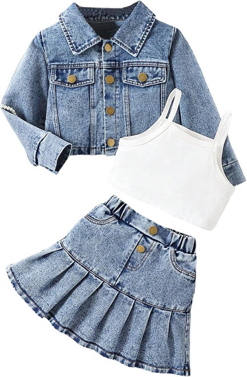 Girl's 3 Piece Fall Outfits Denim Jacket and A Line Skirt Set