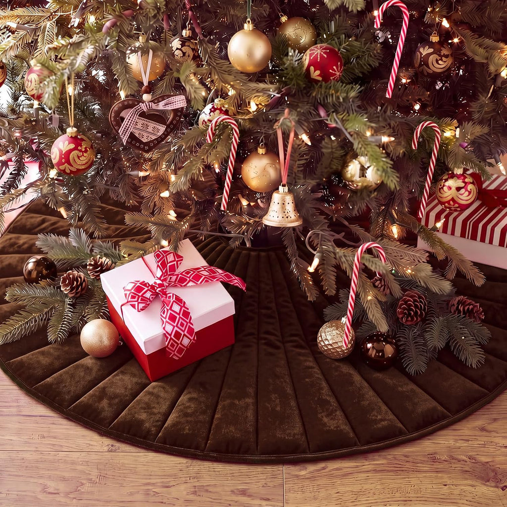 60 Inch Chocolate Brown Velvet Quilted Christmas Tree Skirt