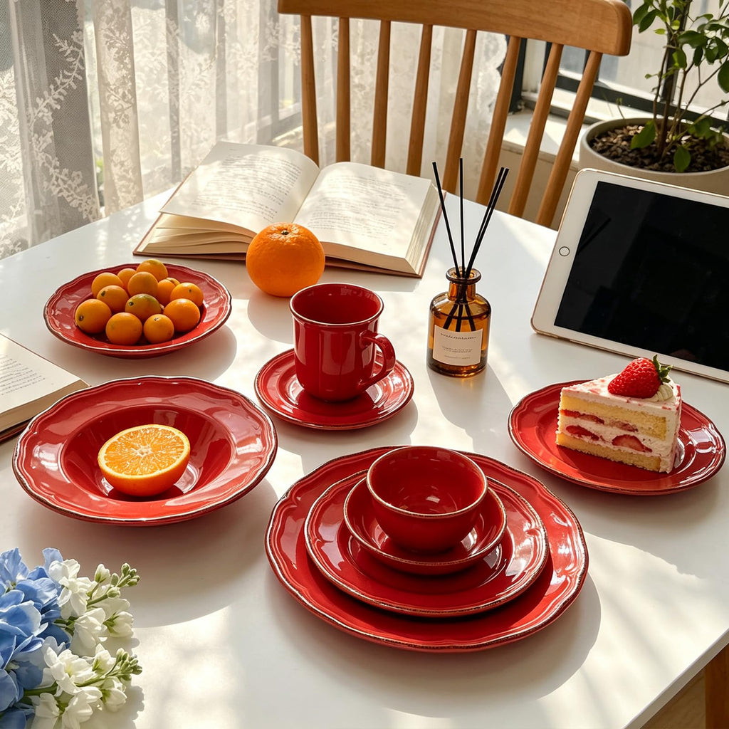 56pc Stoneware Dinnerware Set, Speckled Antique Red