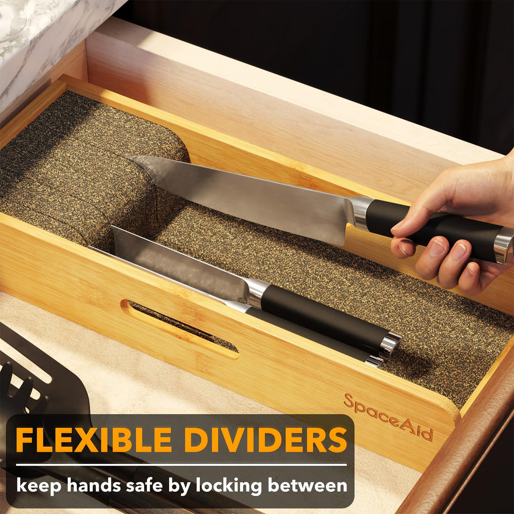 Knife Drawer Organizer Bamboo Insert Dock, Kitchen Steak Knives Holder Organizers Block for Drawer in Storage