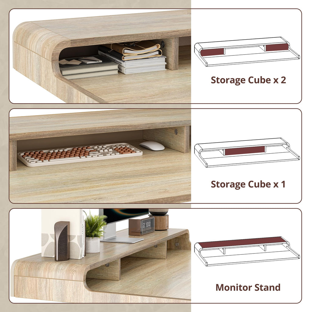 47 * 24 inch Standing Desk with Curved Top Shelf, Maple