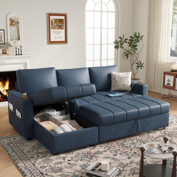89 inch L-Shaped Sectional Sofa Sleeper with Storage Space & Side Pocket, Anti-Scratch Faux Leather Couch Bed with