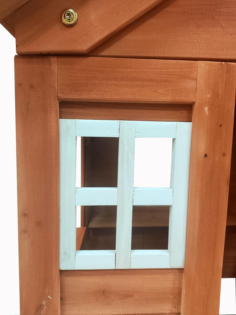 Kids Outdoor Playhouse, Wooden - 42"x46"x55", Golden Red | 100% Fir Wood, Rot-Resistant, 2 Windows + Flowerpot