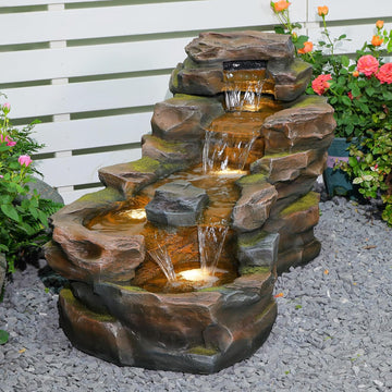 Water Fountain Outdoor Floor Standing 5-Tiers Rock Natural Waterfall Outdoor Garden Fountains with LED Lights