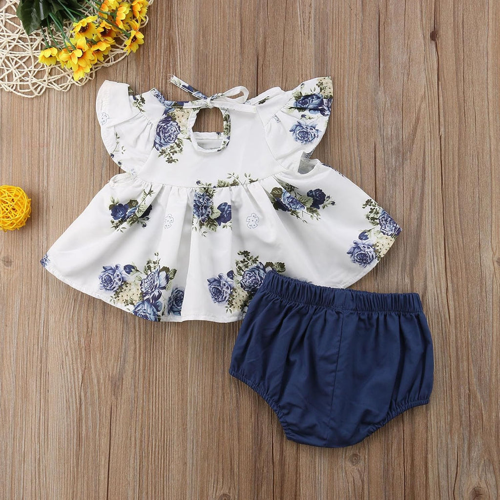 Newborn Baby Girl Floral Summer Clothes Outfit Infant Ruffle Sleeveless Peplum Shirt Top Bloomer Shorts Set