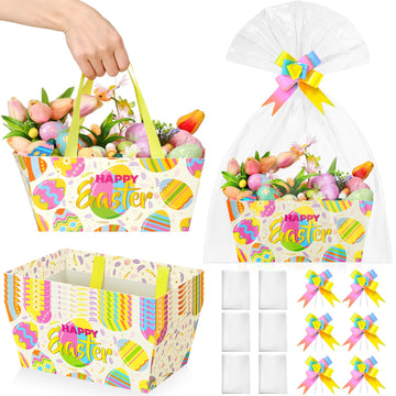 6 Pack Easter Eggs Basket for Gifts Empty with Cellophane Bag Pull Bows Happy Easter Eggs Basket Gift Box for Spring
