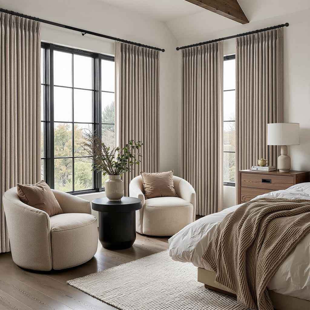 Extra Long 108 Inches Taupe Pinch Pleated Curtains 2 Panels Linen Textured