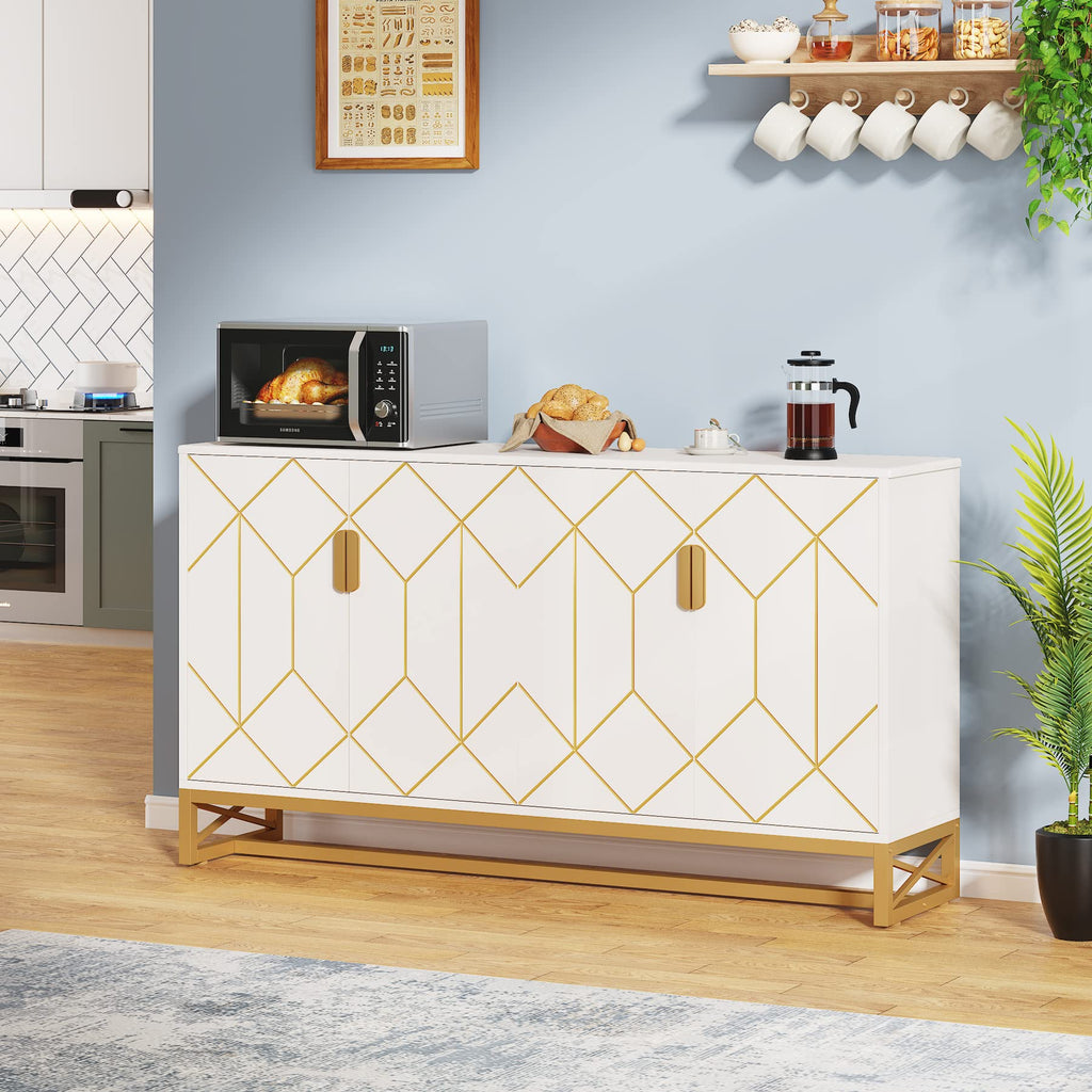59" White Gold Buffet Cabinet with Storage Kitchen Sideboard Storage Cabinet