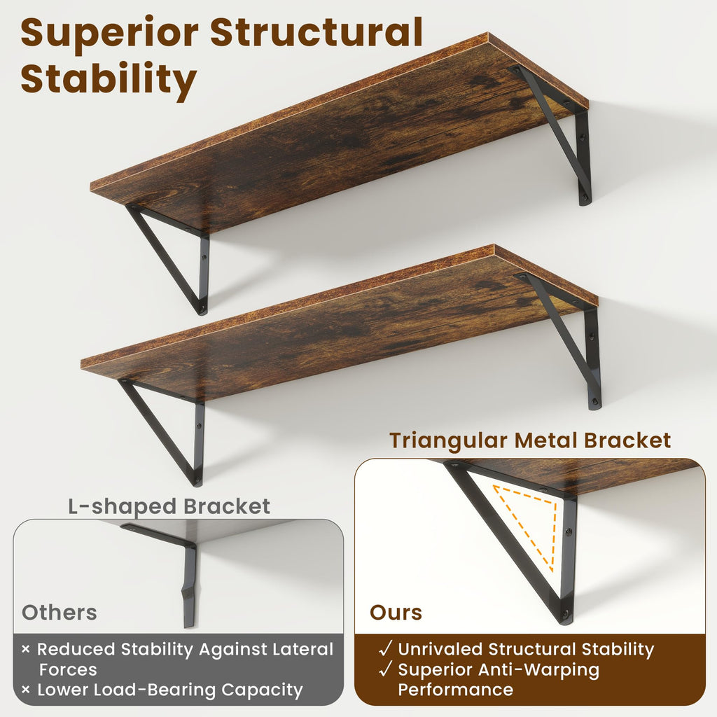 8" Deep Floating Shelves for Wall, 16 inch Wood Wall Shelves Set of 2, Wide Floating Bookshelf with Sturdy Metal