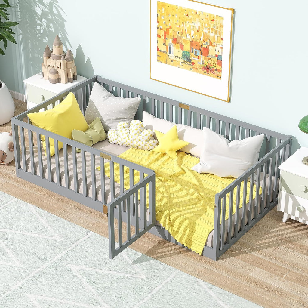 Twin Size Toddler Floor Bed with Door&High Rails, Grey