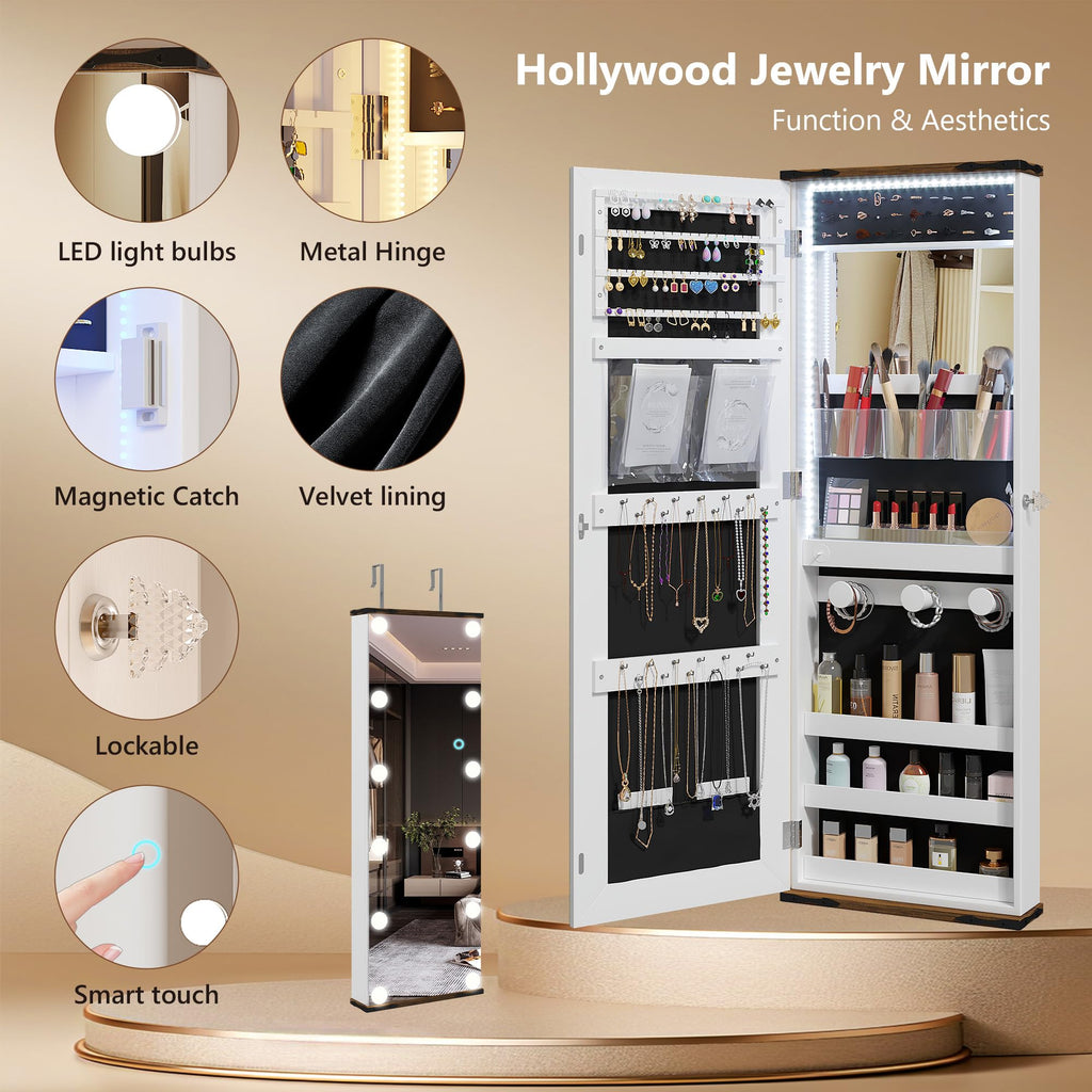 Over the Door Jewelry Cabinet with Mirror, 12 Hollywood Bulbs, Lock
