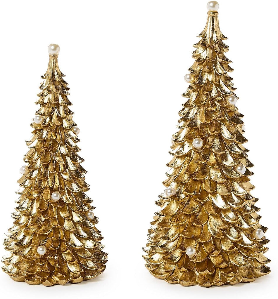 Tree with Pearl Accent Figurine, Set of 2, 10-12-inches Height, Gold, Resin/Plastic