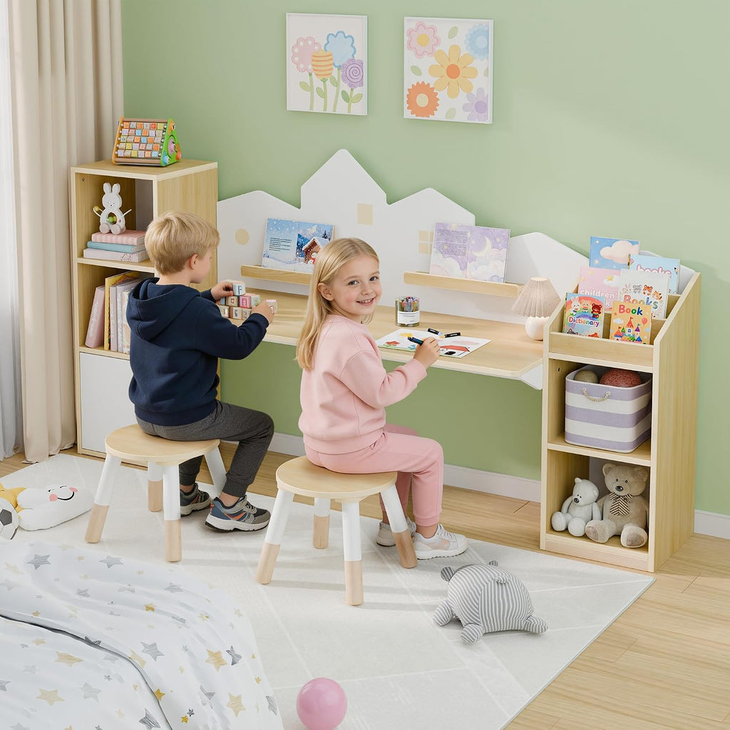 Kids Desk with Bookshelves and 2 Stools, Wooden Kids Desk and Chair Set with 5 Storage Cabinets, Children Writing
