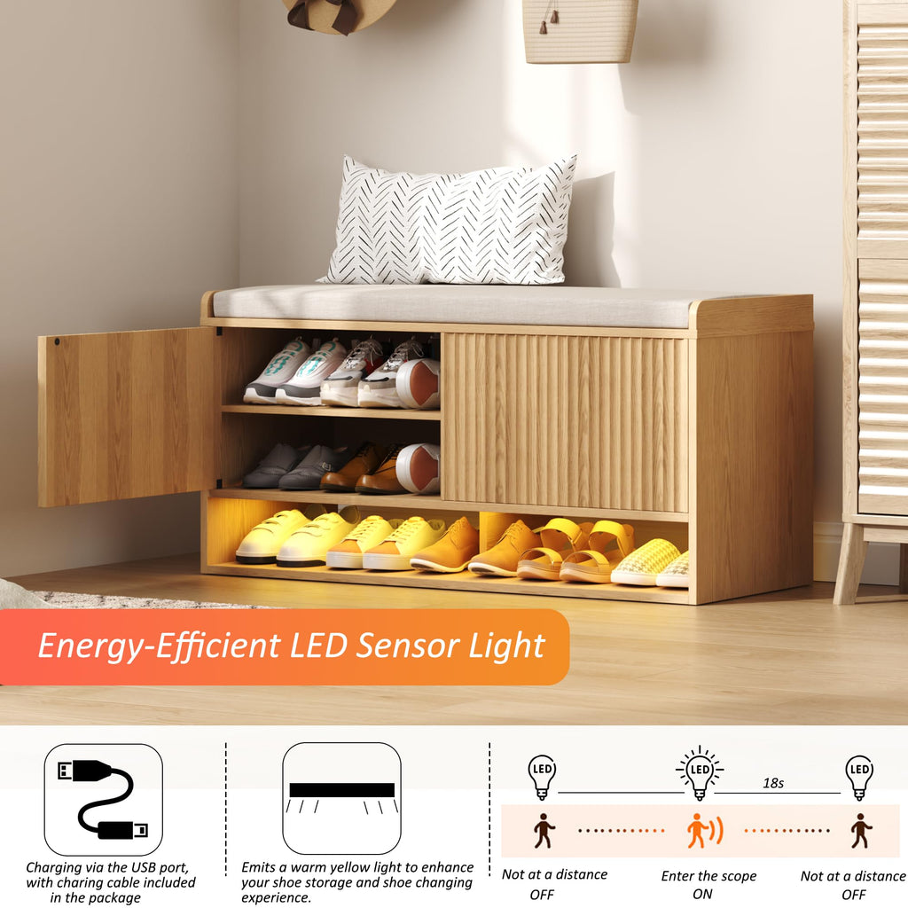 39.4" Fluted Shoe Storage Bench, Entryway Bench with Linen Seat Cushion, Shoe Cabinet Bench with Adjustable Shelf and
