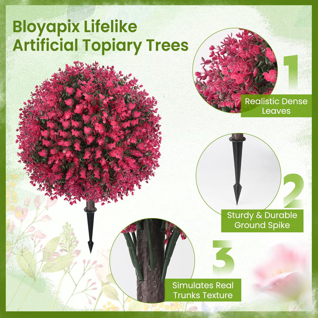 Artificial Red Eucalyptus Topiary Ball Tree, Set of 2 Fake Boxwood Bushes Shrubs with Ground Spike, UV Resistant Faux