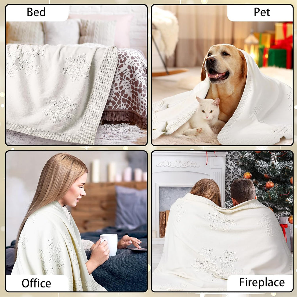 Christmas Crochet Throw Blanket White Knit Snowflake 50x60 Inch