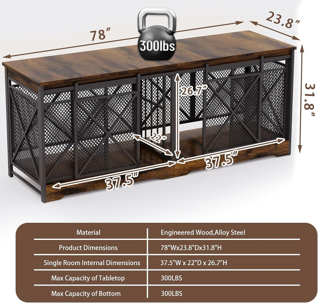 78 Inch Double Dog Crate Furniture, (Caramel Brown)