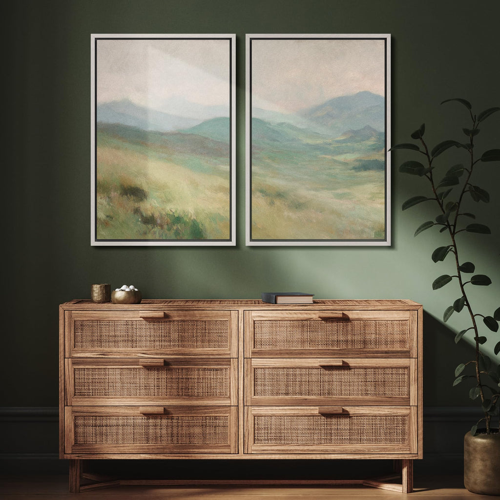 Framed Canvas Print Wall Art Set Soft Green Mountain Landscape Illustration Modern Art Decorative Nature - 24"x36"x2