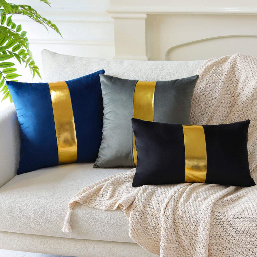 Navy Blue Velvet Throw Pillow Covers with Gold Leather Stitching Luxury Modern Minimalist Square Pillowcase Cushion