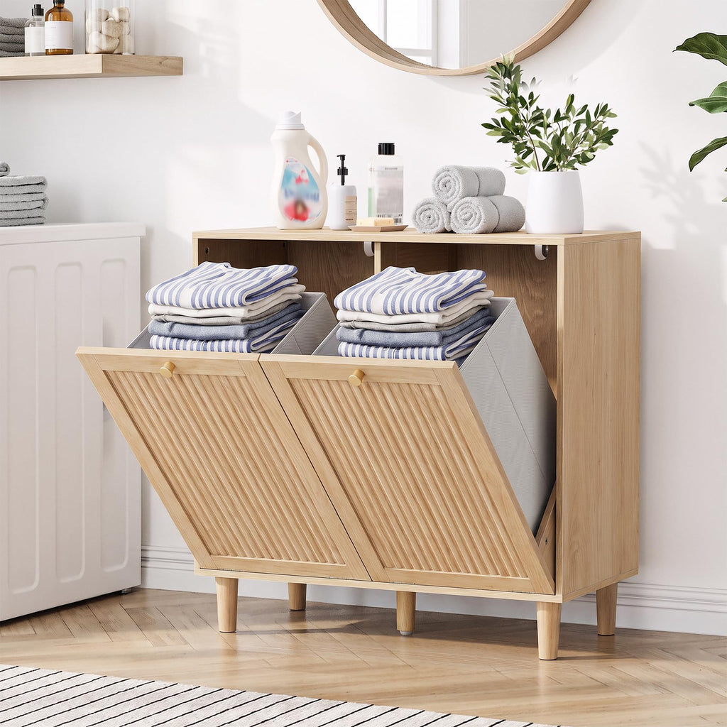 Tilt-Out Dual Laundry Storage Hamper Cabinet, Natural, with 2 Hamper.