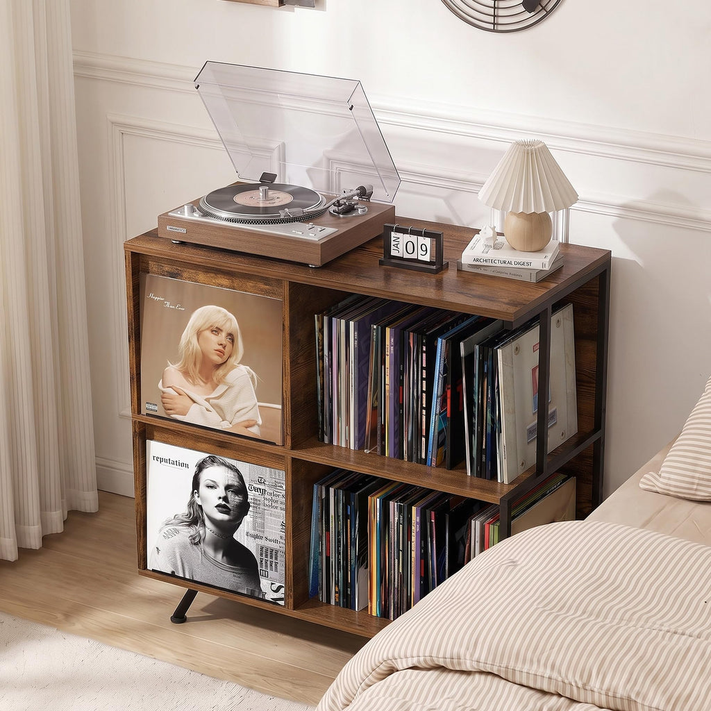 Flip Top Record Player Stand with Vinyl Storage Up to 300+ Albums