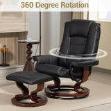 Modern Reclining Swivel Lounge Chair and Ottoman — Black PU Leather