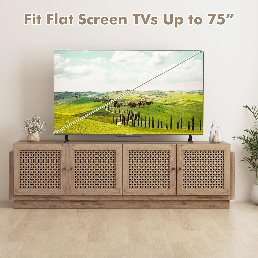 70"L TV Stand for 75 inch TV, Boho Rattan Entertainment Center