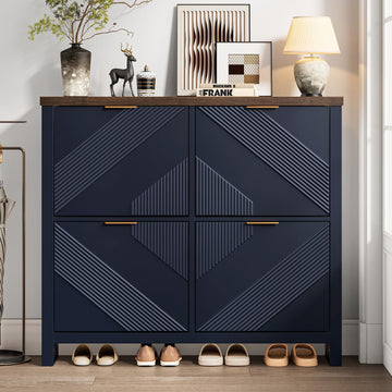 Shoe Cabinet with 4 Flip Drawers & Symmetric Groove Pattern