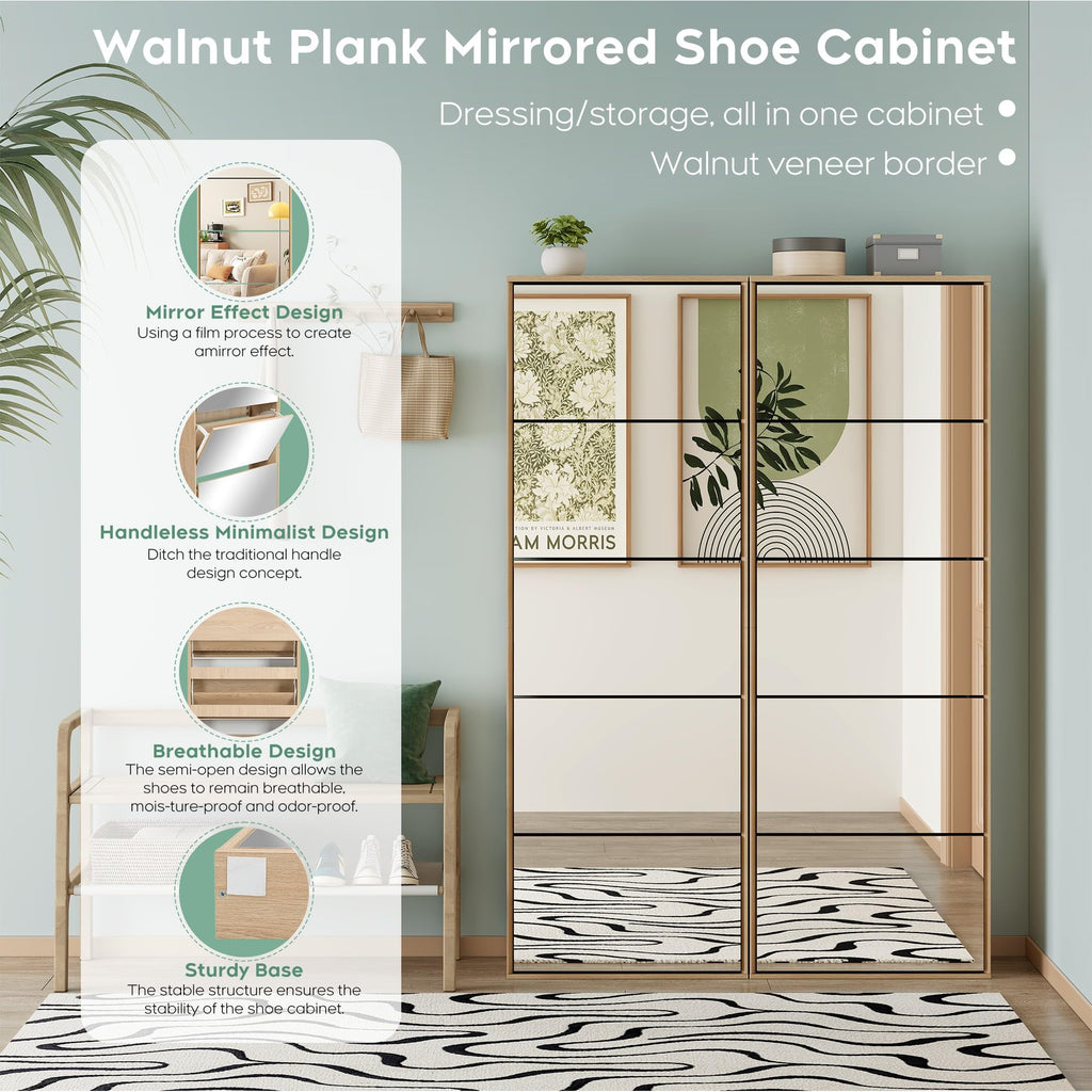 68" Tall Mirror Shoe Cabinet with 5 Flip Drawers, Mirror Silver