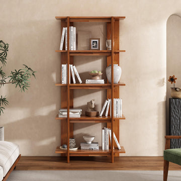 4 Shelf Narrow Teak Bookcase H-70 L-33 Acacia Wood Open Bookshelf