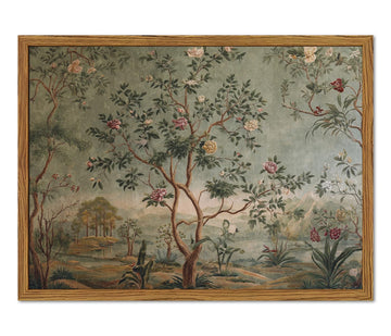 Framed Vintage Landscape Wall Art, Cottagecore Floral Tree Canvas Wall Decor Paintings, Rustic Nature Botanical