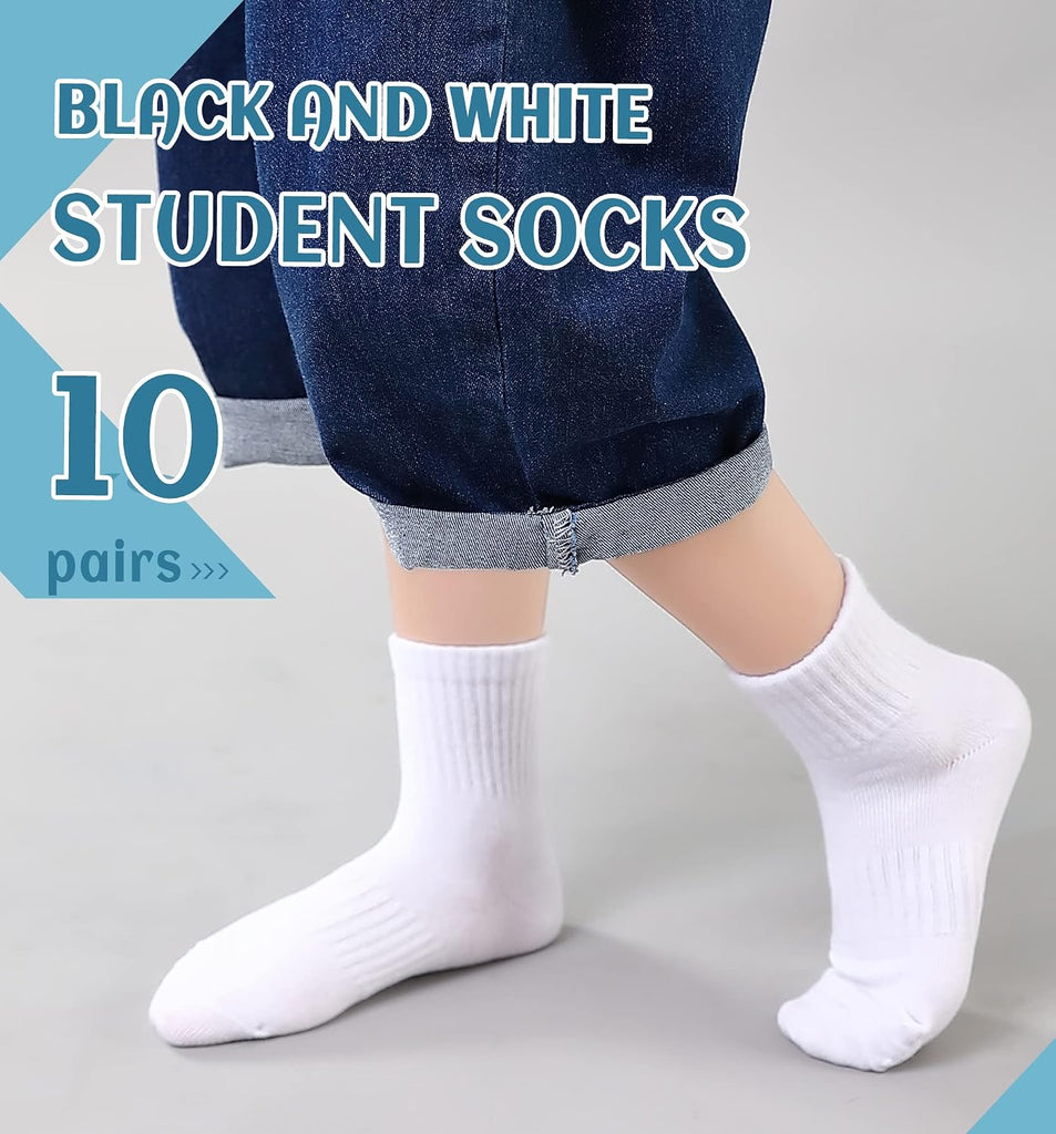 Kids Athletic Crew Socks Boys Girls Classics Cotton School Uniform Childs Sports Breathable Casual Socks 10 Pairs