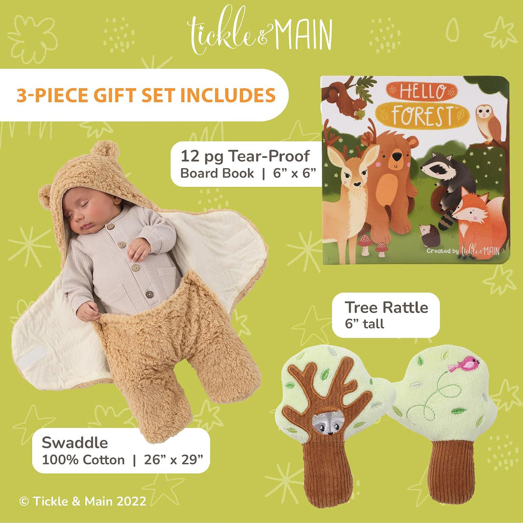 Forest Animal Newborn Gift Set - Piece, 26 x 29 in Cotton Swaddle Blanket - Plush Tree Rattle & Storybook