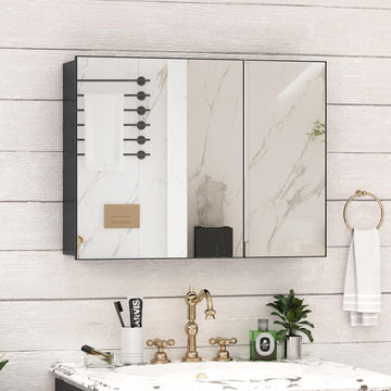 32 x 24 Farmhouse Medicine Cabinet, Tempered Frameless Bathroom Mirror with Storage, Black Recessed or Surface Mount