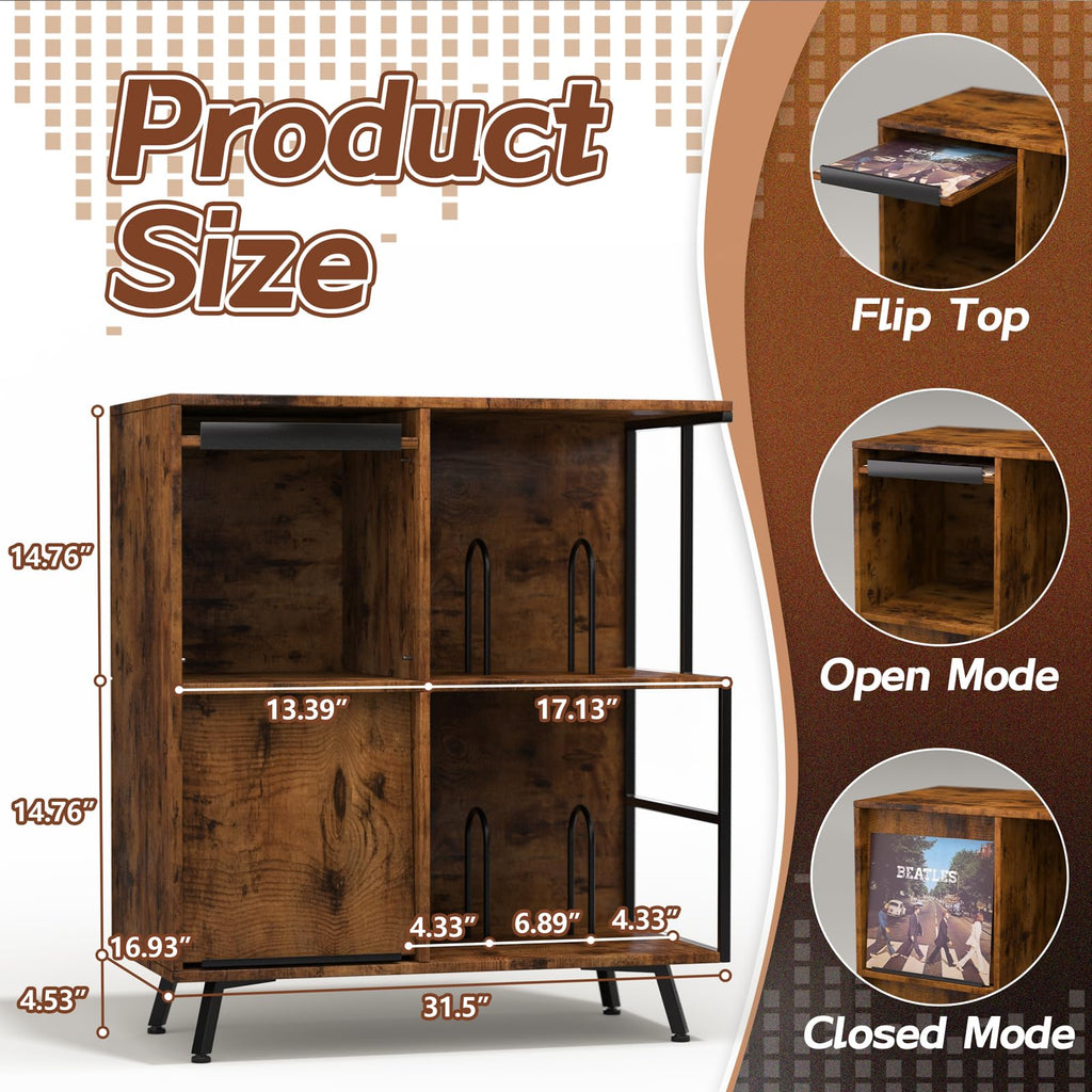 3 Tier Record Player Stand with Flip-Down Record Shelf, Rustic Brown