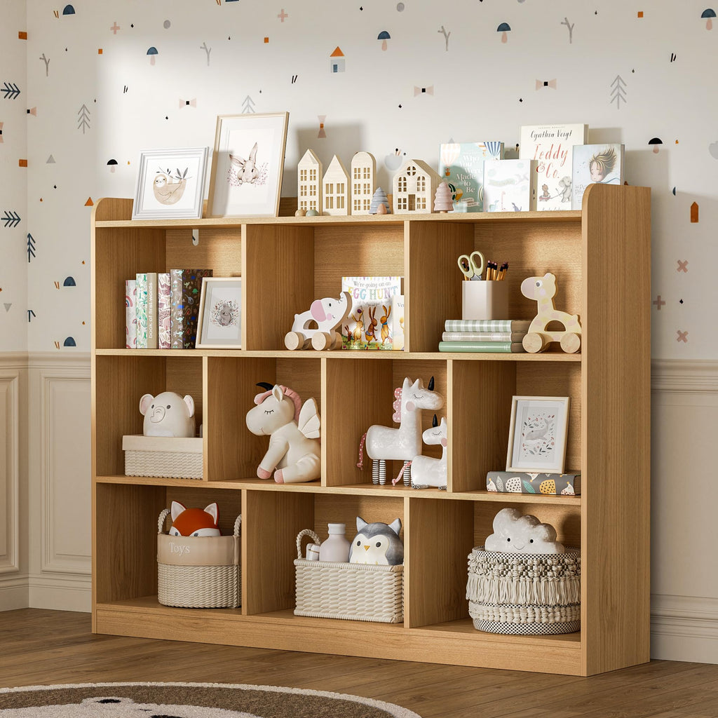Oak Bookshelf, Wood Bookcase with 3 Tier Open Shelves, 10-Cube Minimalist Storage Shelf, 55.1" W x 42.5" H