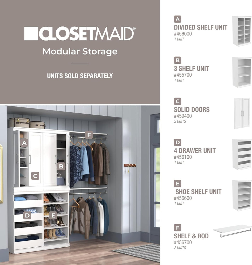 Modular Storage Unit with 4 Drawers, Wood Closet Organizer, Stacking, Full Backer, Storage, Decorative Trim, White