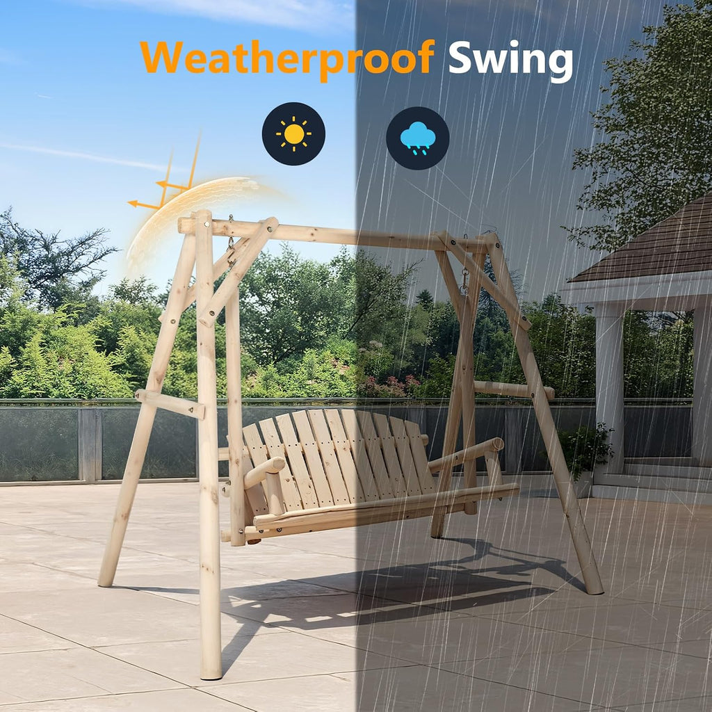 880 LBS Wooden Porch Swing with A-Frame Stand, Natural Outdoor Swing | Heavy-Duty Wooden Swing; Sturdy A-Frame Stand;