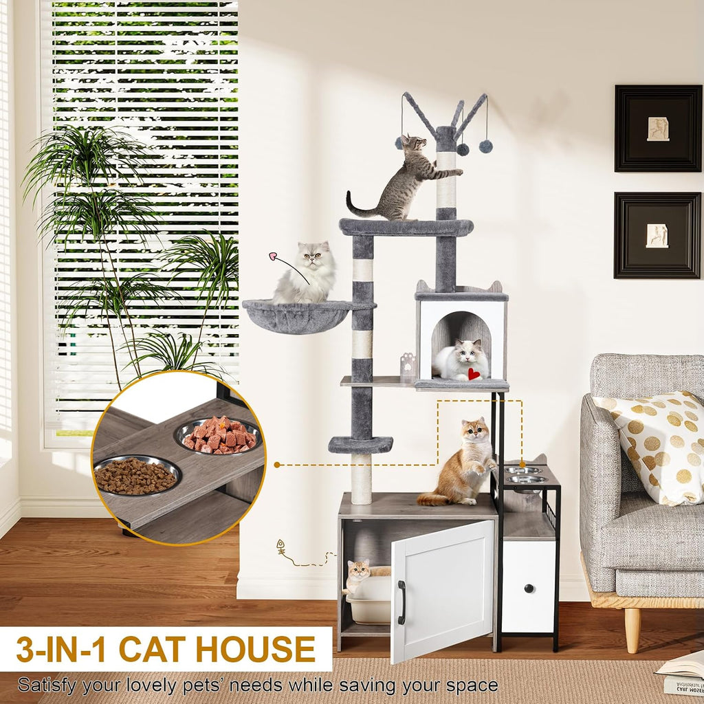 Cat Tree with Litter Box Enclosure, 3-in-1 Modern Cat Tower for Indoor Cats, 67.32'' Hidden Cat Litter Box Furniture