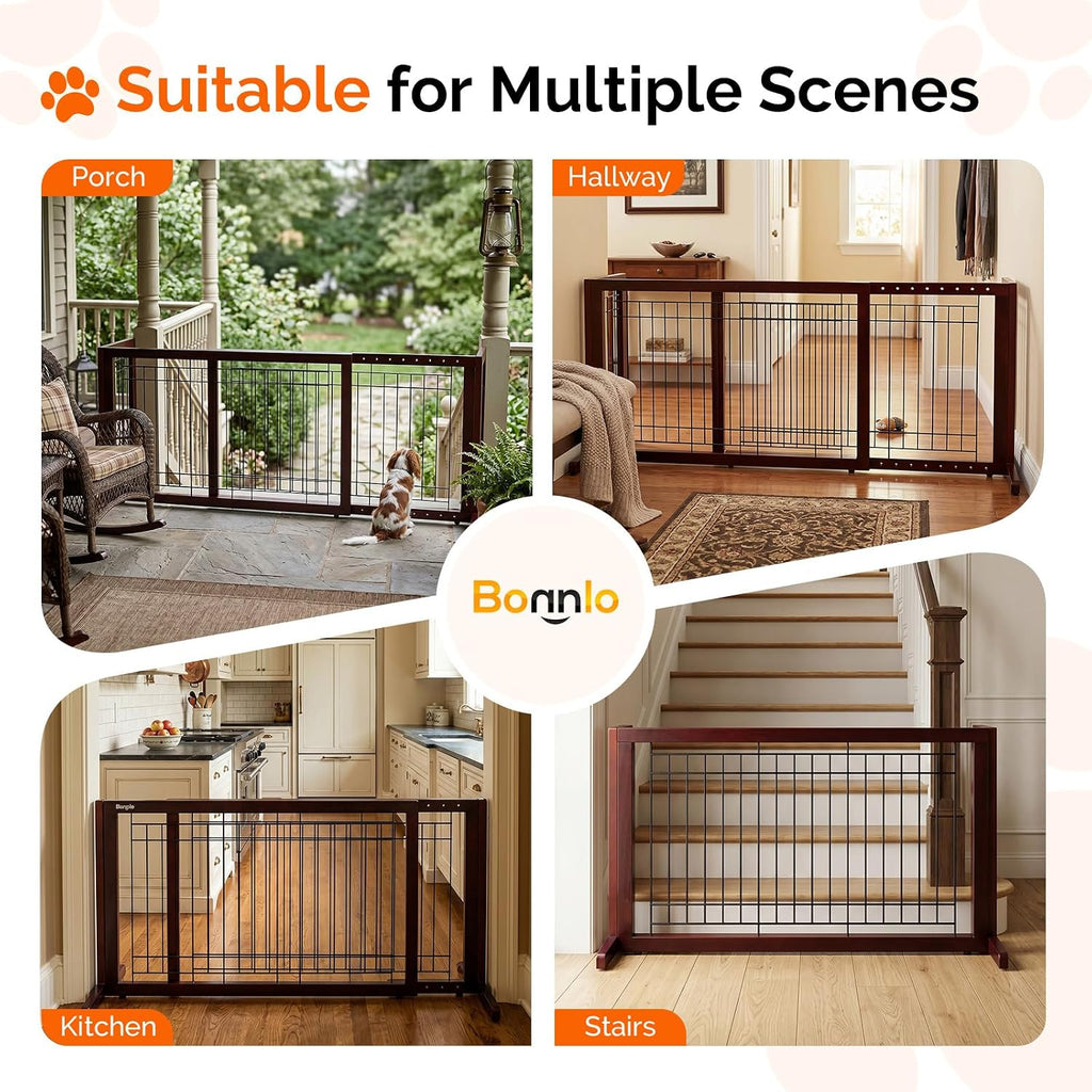 Free Standing Dog Gate, 39" - 68" Wide Pet Gate for Fireplace Stairs Doorways, Wooden Adjustable Pet Fence Indoor