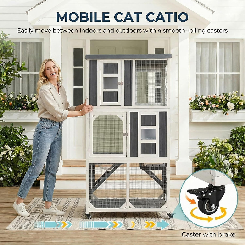 63.5" H Outdoor Cat Enclosure, Wooden Window Catio with Wheels