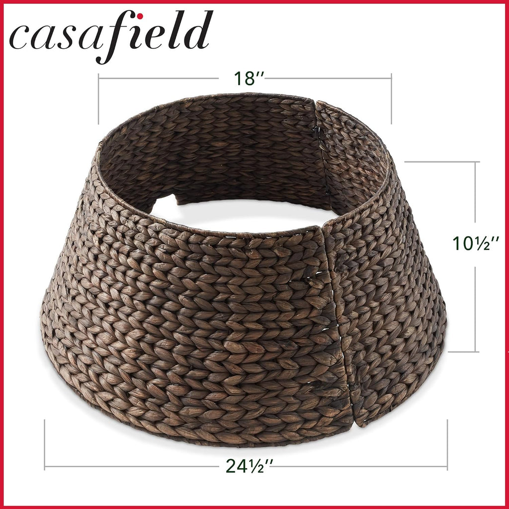24-Inch Christmas Tree Collar, Woven Water Hyacinth Tree Base Cover with Cord Cut Out, Espresso