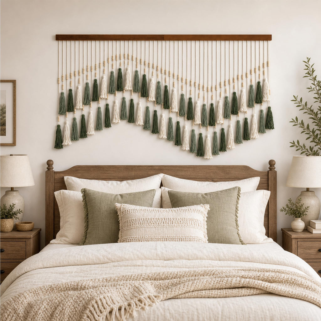 Large Boho Macrame Wall Hanging 59×37", Farmhouse Hanging Green & White