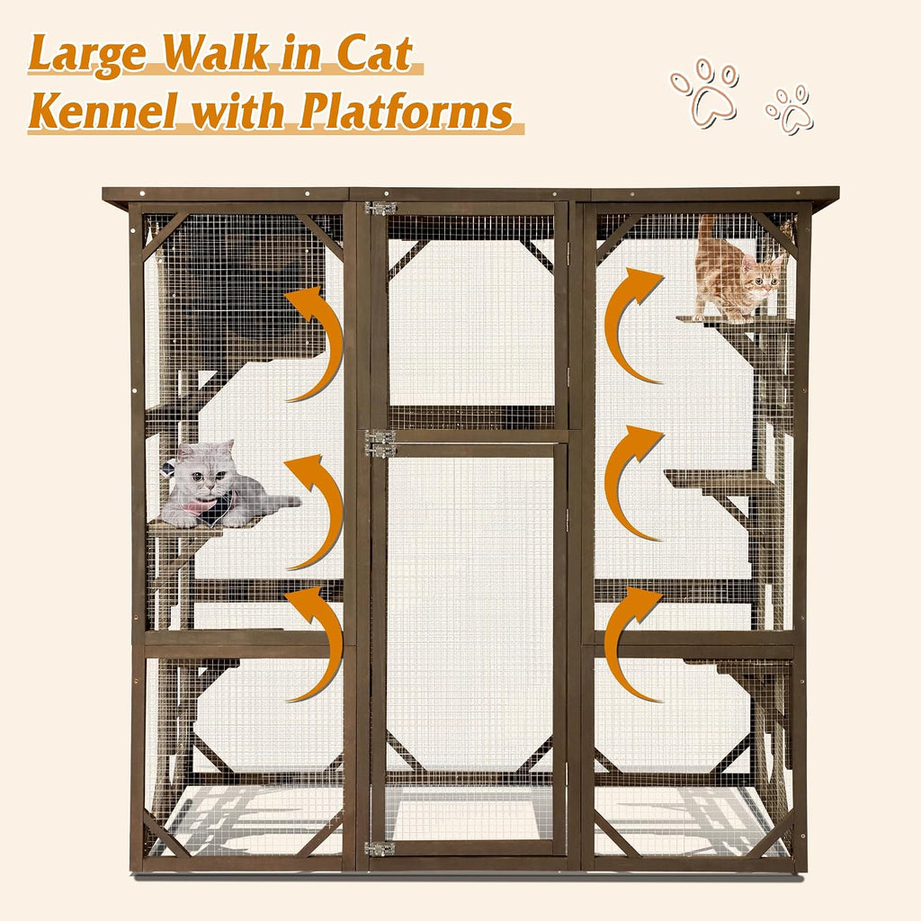Cat Enclosure Large Outdoor Catio Wooden Cat House with Weatherproof, Cat Cage Condo Indoor Playpen with Platform